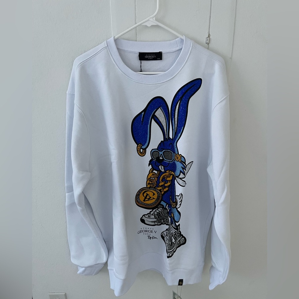 Avenue George V Paris Sweatshirt Men’s white long sleeve Rhinestone 2XL Large